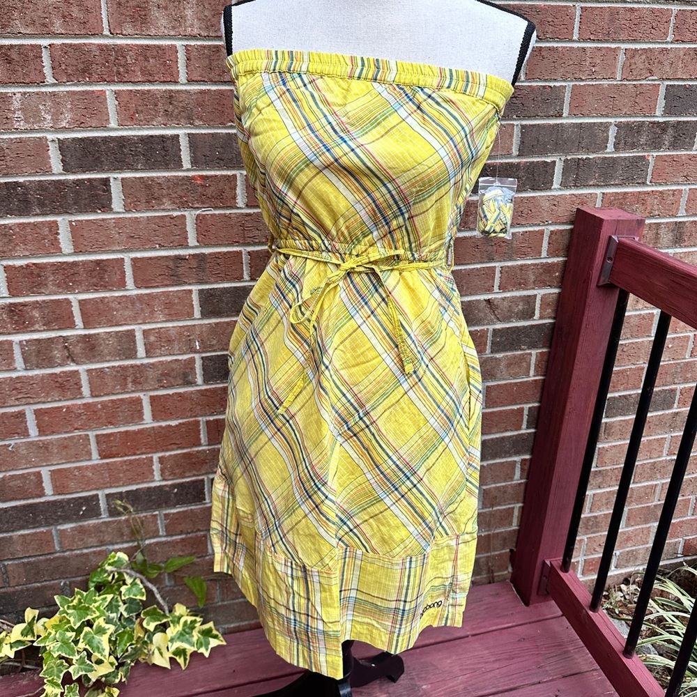 NWT Billabong 100% Cotton Yellow Plaid Mini Dress w POCKETS and REMOVABLE Straps
